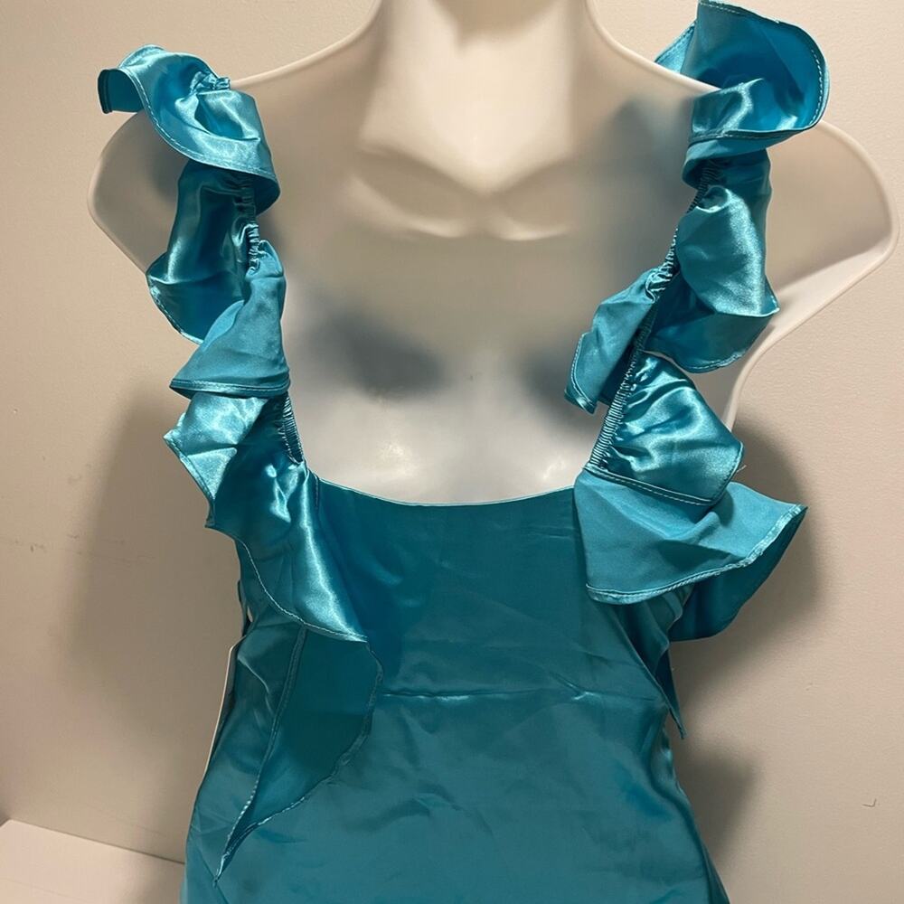 NWT Faeriesty Brand Satin Ruffle Mini Dress Size 2 XS NWT Aqua Blue Party Short - Picture 6 of 8
